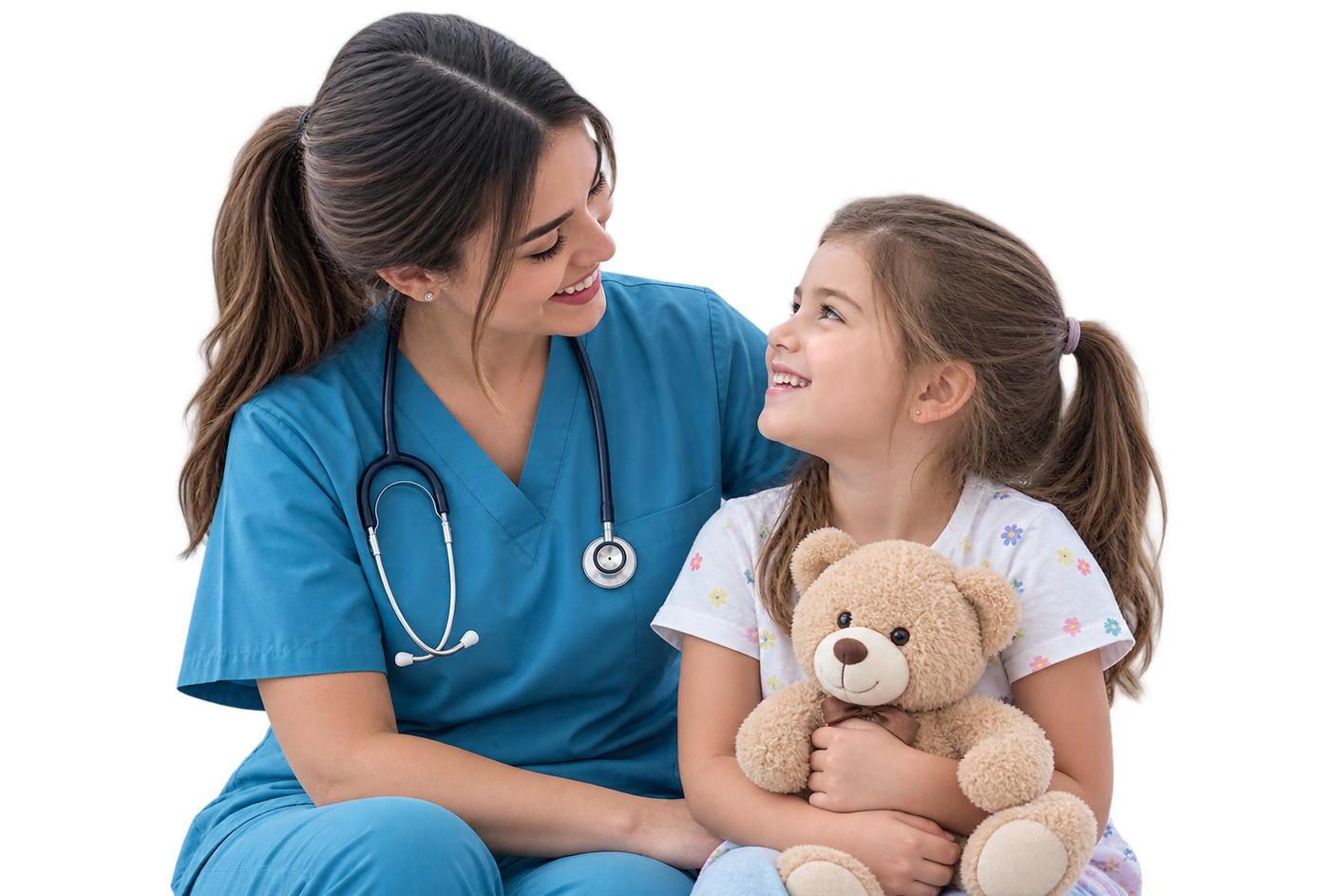 A nurse and a young girl holding a teddy bear, smiling at each other